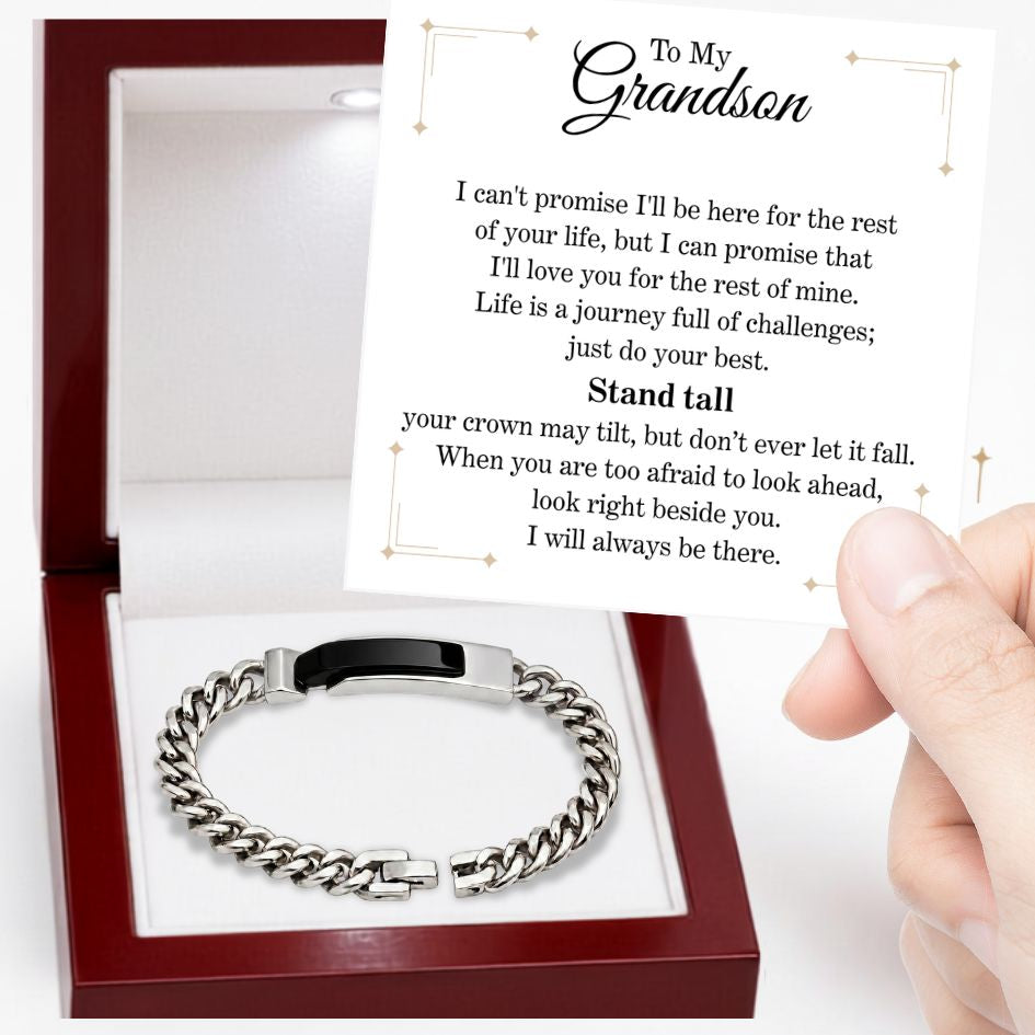To My Grandson - Stand Tall - Obsidian-Black Curb-Chain Bracelet Steel or IP Gold