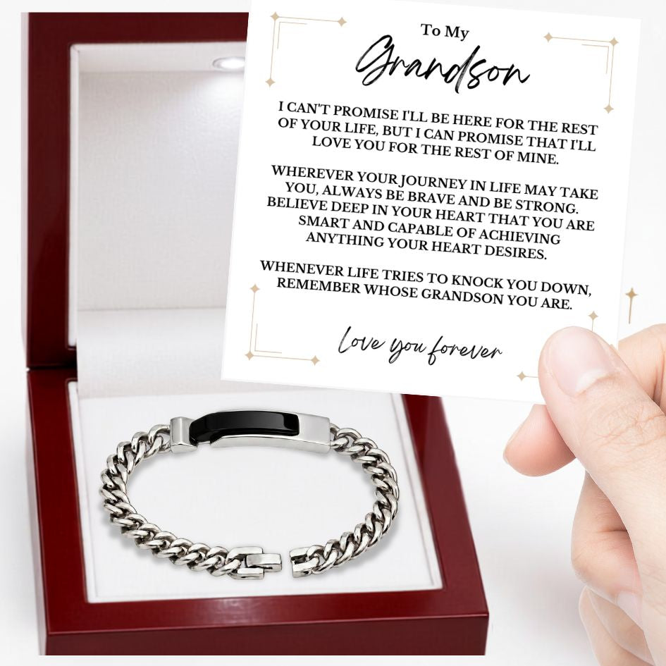 To My Grandson - Be Brave, Be Strong - Obsidian-Black Curb-Chain Bracelet Steel or IP Gold