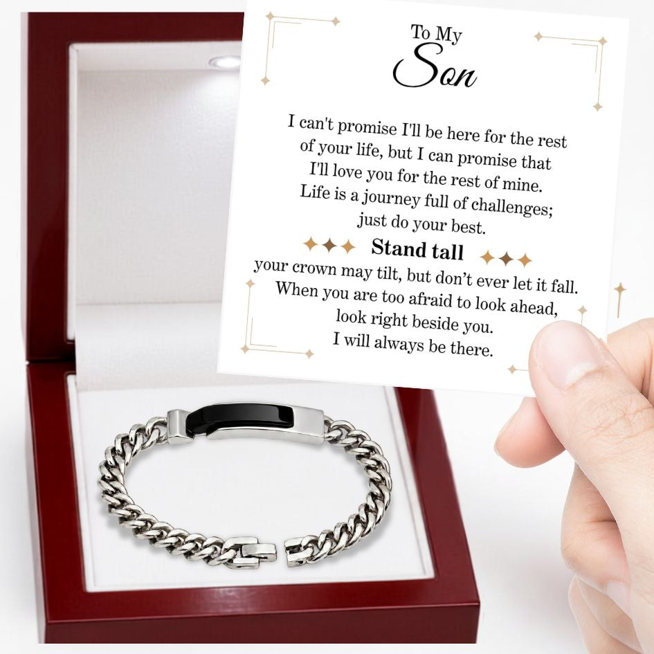 To My Son - Stand Tall - Obsidian-Black Curb-Chain Bracelet Steel or IP Gold