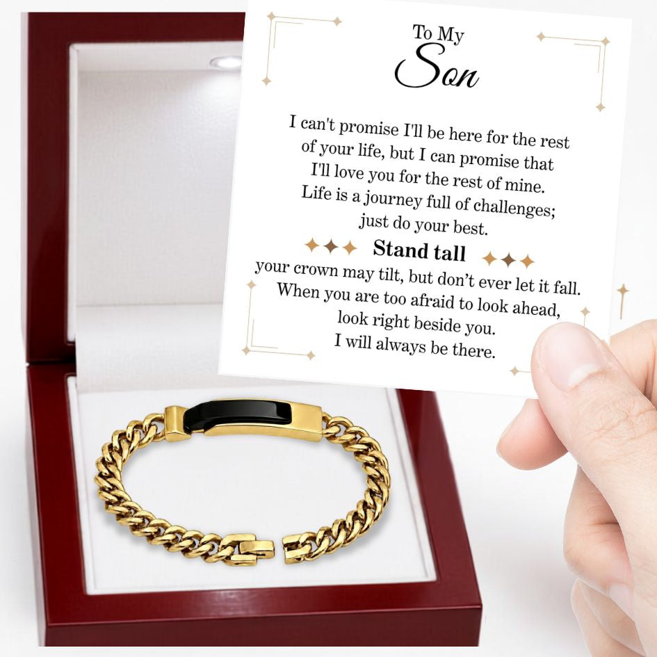 To My Son - Stand Tall - Obsidian-Black Curb-Chain Bracelet Steel or IP Gold