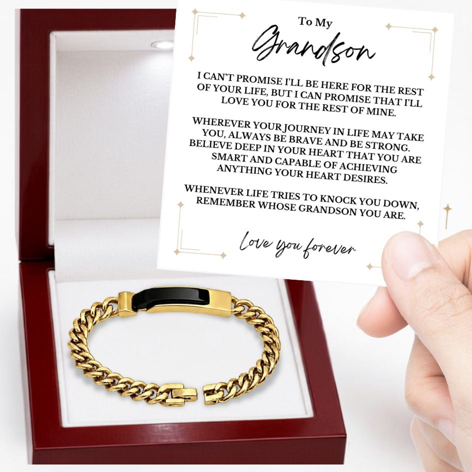 To My Grandson - Be Brave, Be Strong - Obsidian-Black Curb-Chain Bracelet Steel or IP Gold