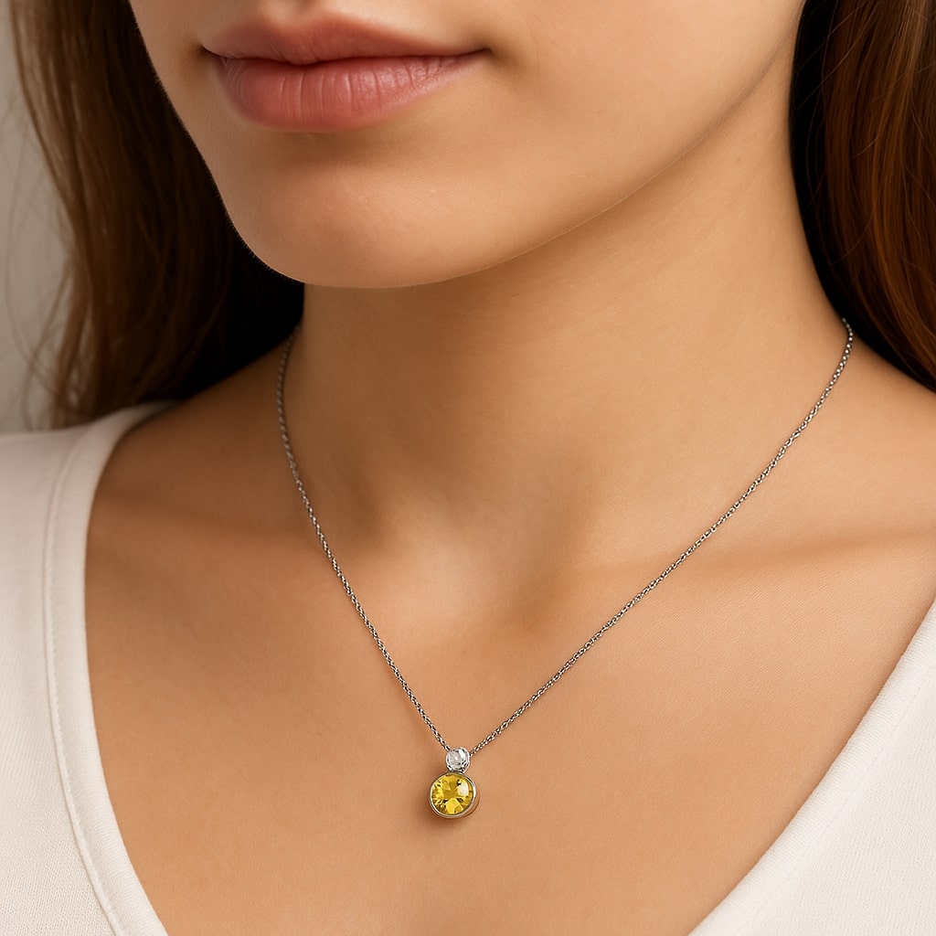 Klassisk citringult solitær-smykkesett med østerrikske krystaller – november fødselsstein