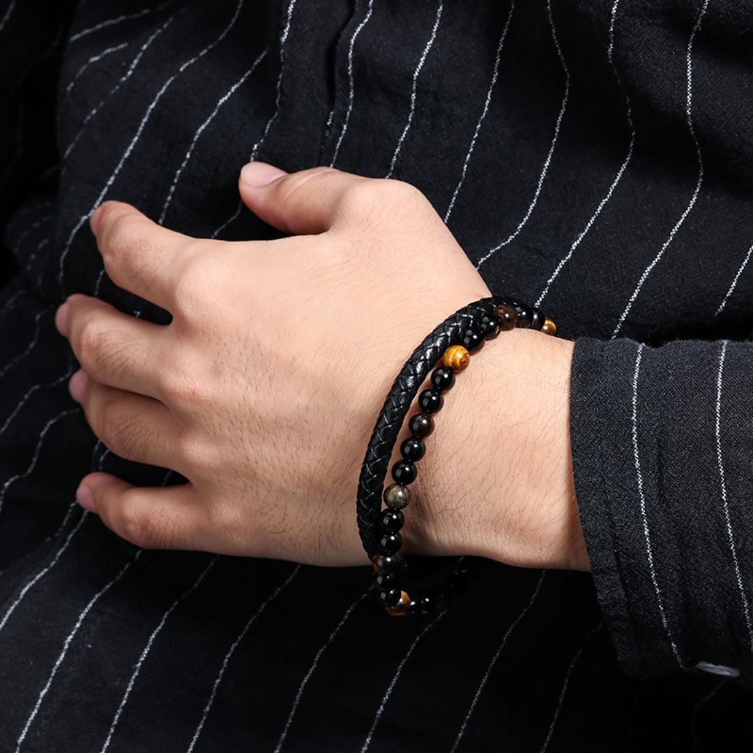 JWL Men's Bracelet - Leather and Bead Bracelet