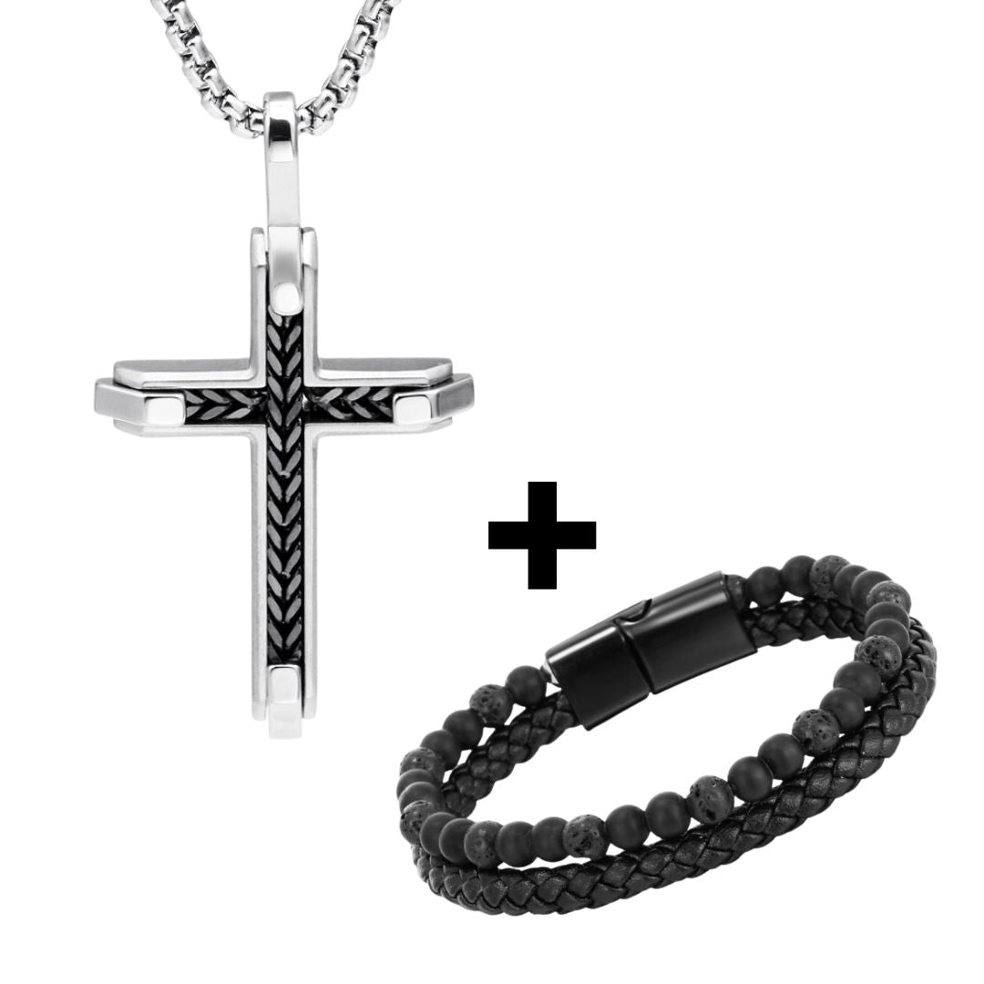 Mens Herringbone Cross Pendant Necklace + FREE Bracelet MC101