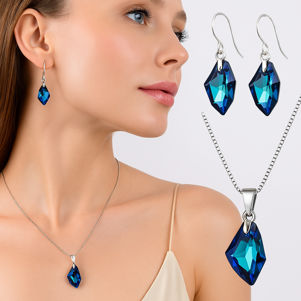 Shimmering Bermuda Blue Crystal Set - Necklace & Earrings - Made with Austrian Crystals