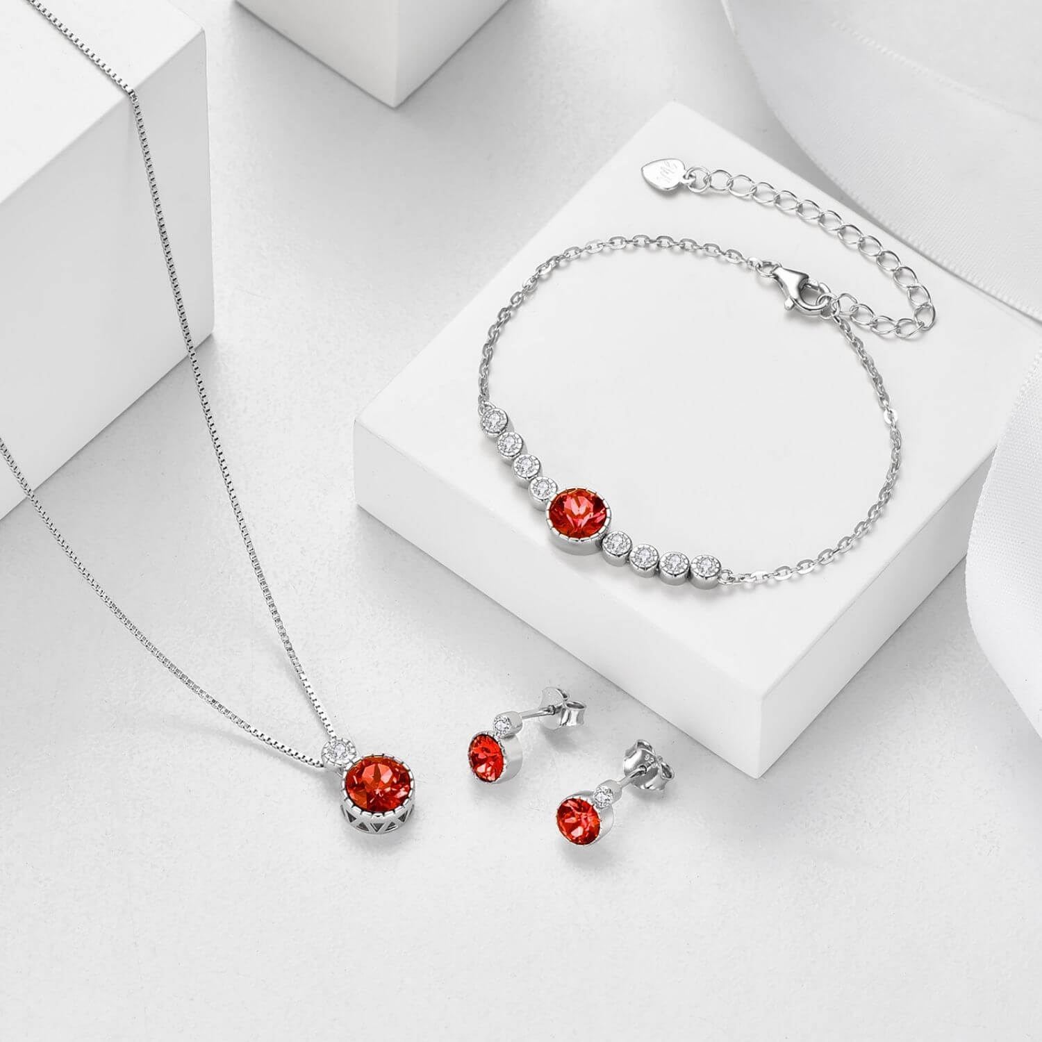 Classic Ruby Red Colour Solitaire Jewellery Set with Austrian Crystals