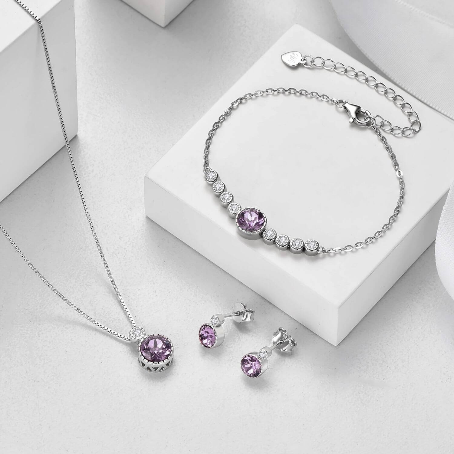 Classic Alexandrite Purple Colour Solitaire Jewellery Set with Austrian Crystals