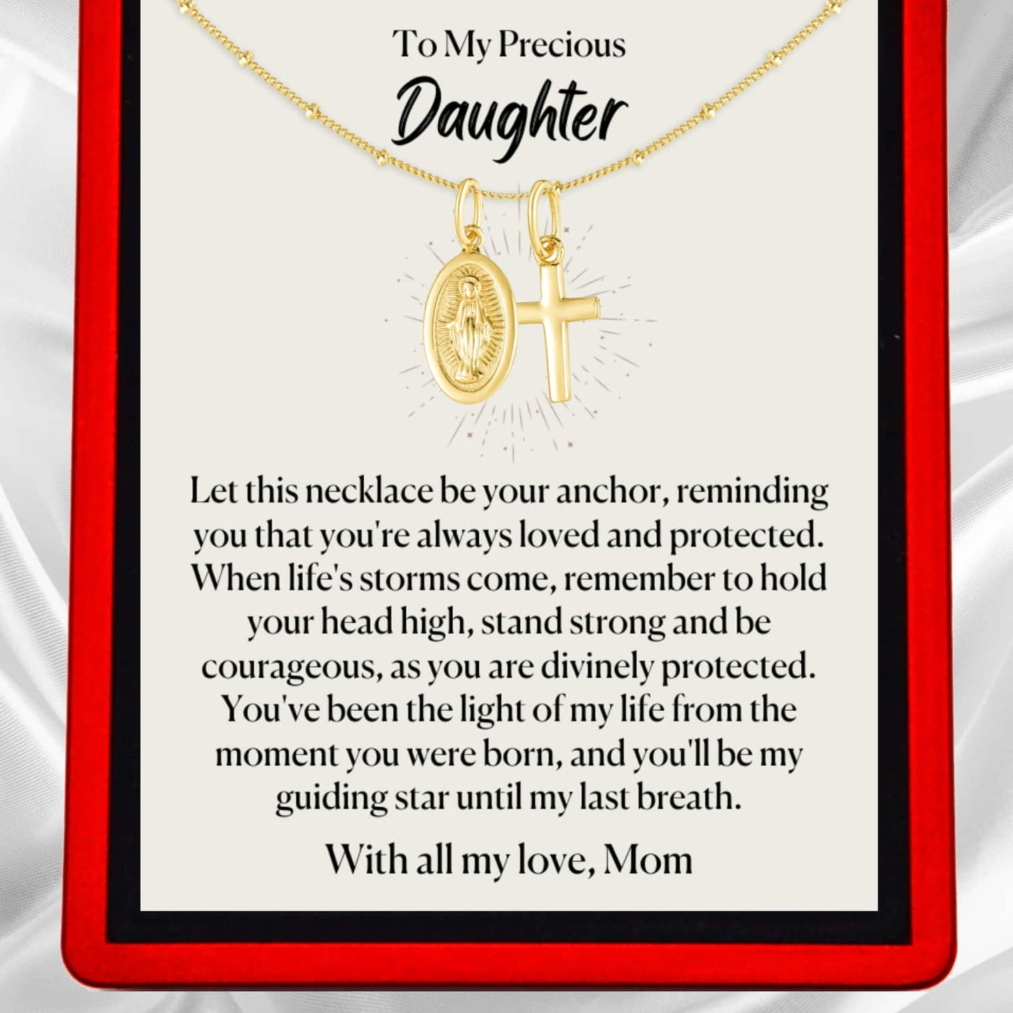 To My Daughter 'divinely protected' Milagro Vermeil Necklace - Virgin Mary and the Cross DT60