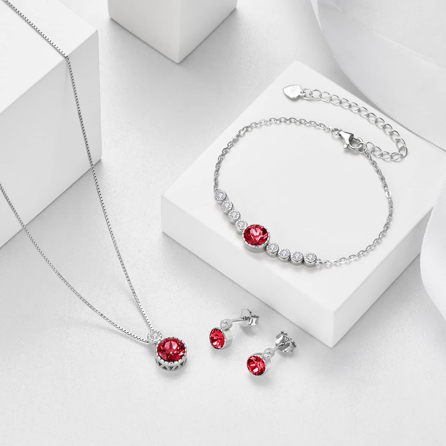 Classic Garnet Red Colour Solitaire Jewellery Set with Austrian Crystals