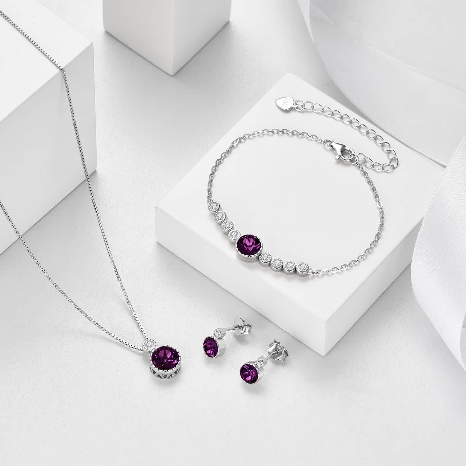 Classic Amethyst Purple Colour Solitaire Jewellery Set with Austrian Crystals