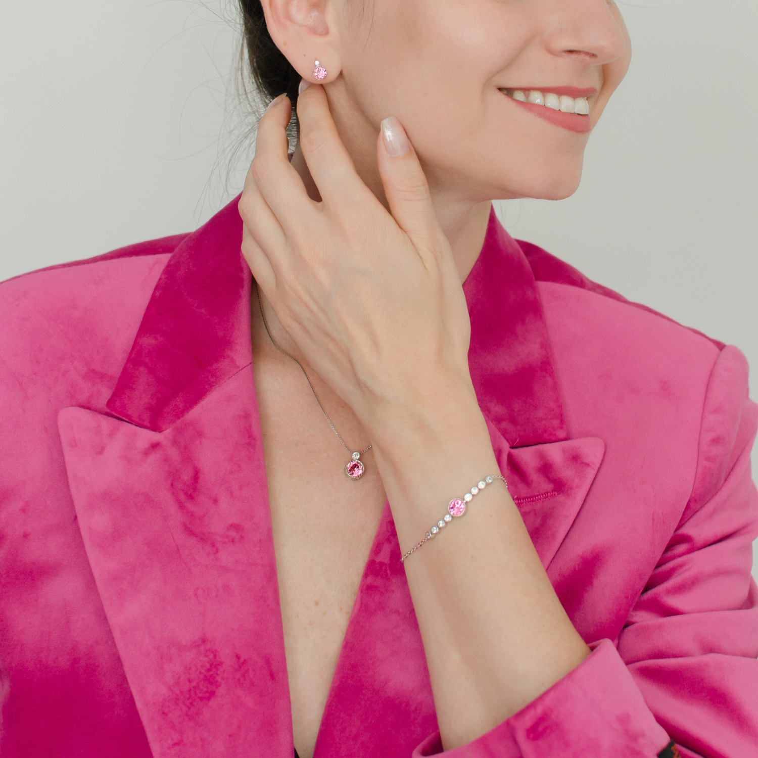 Classic Tourmaline Pink Colour Solitaire Jewellery Set with Austrian Crystals