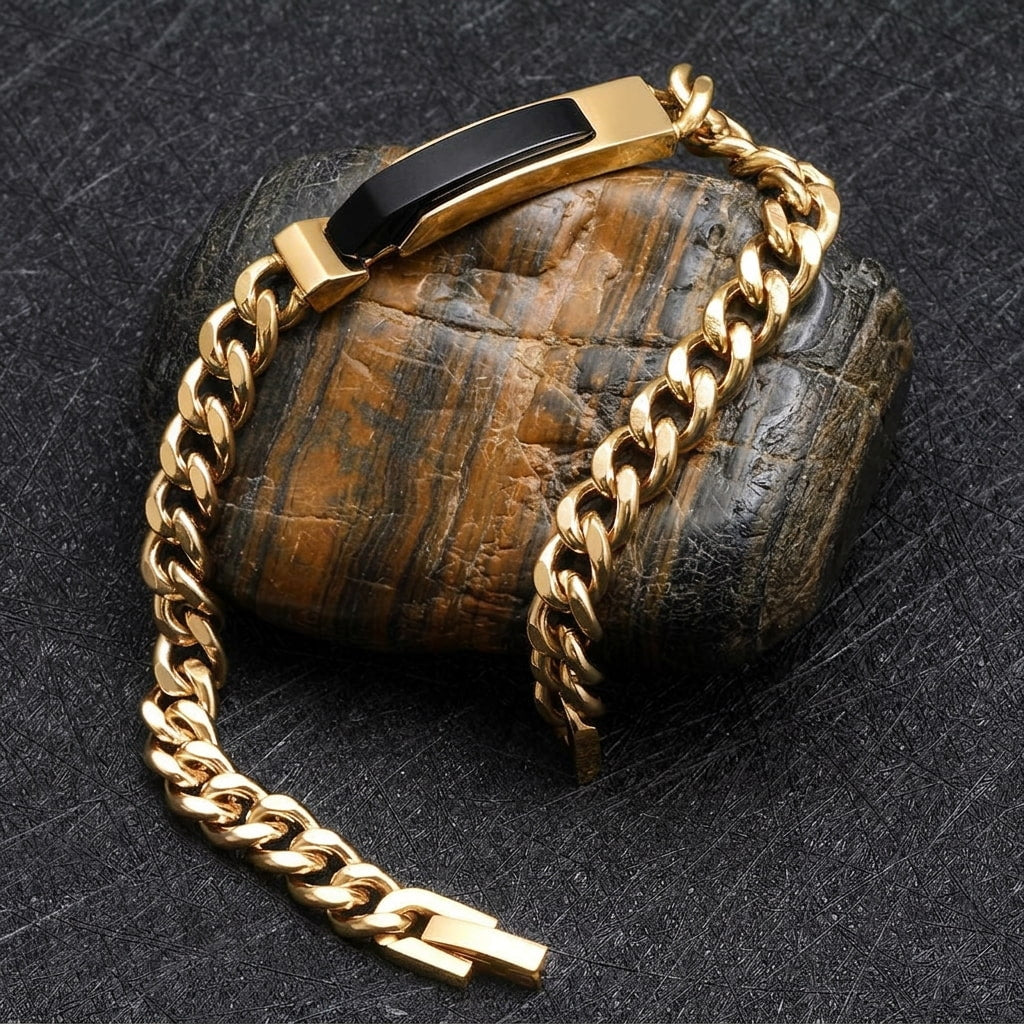 To My Son - Stand Tall - Obsidian-Black Curb-Chain Bracelet Steel or IP Gold