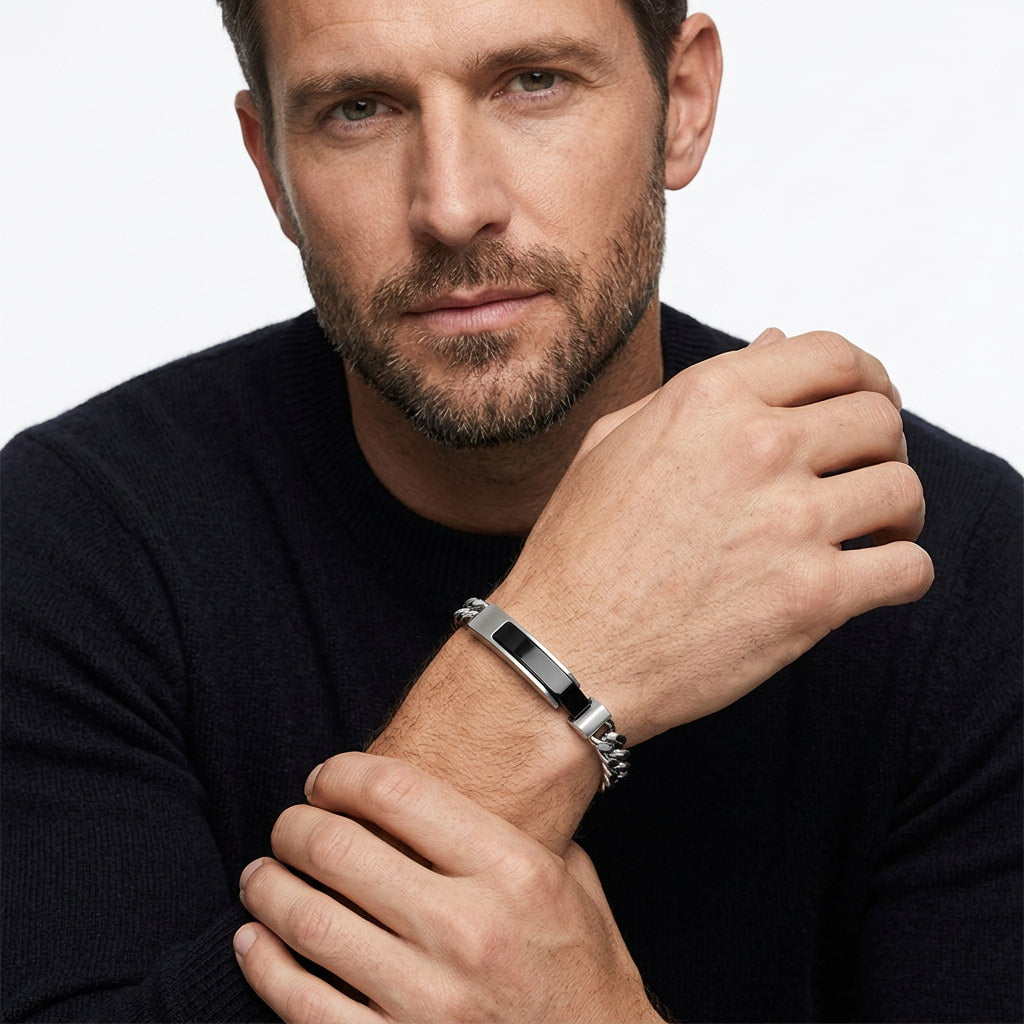 To My Son - Stand Tall - Obsidian-Black Curb-Chain Bracelet Steel or IP Gold