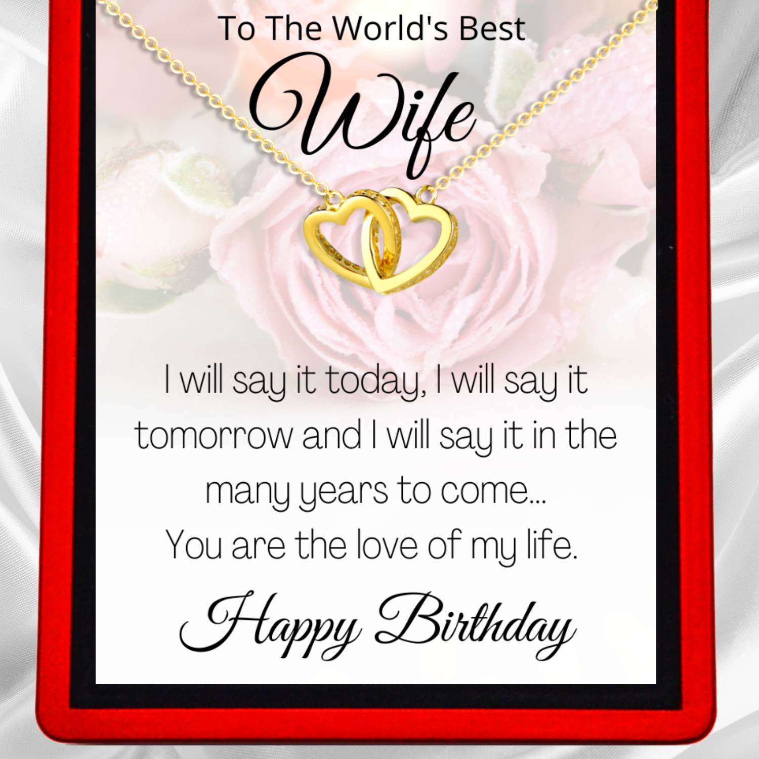 Happy Birthday World's Best Wife - Interlocking Gold Vermeil Hearts Necklace WF10