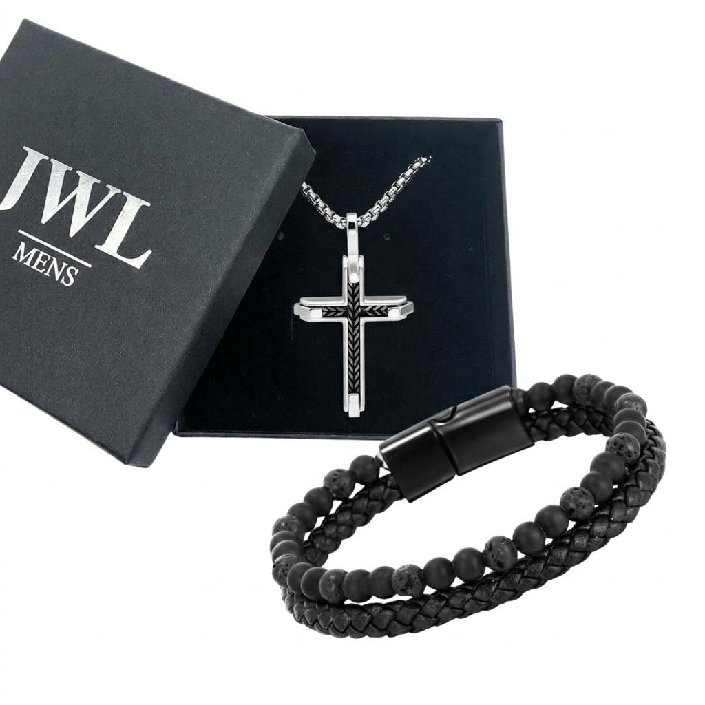 Mens Herringbone Cross Pendant Necklace + FREE Bracelet MC101