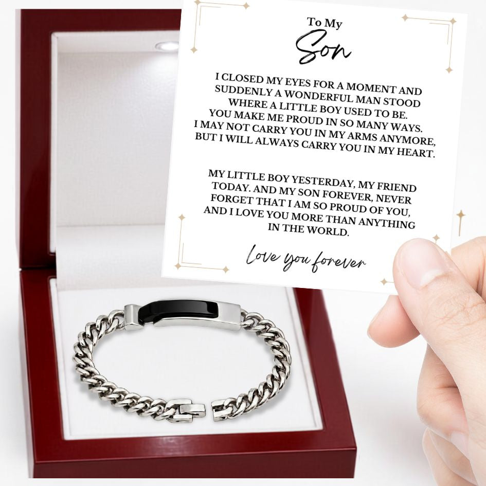 To My Son - You Make Me Proud - Obsidian-Black Curb-Chain Bracelet Steel or IP Gold