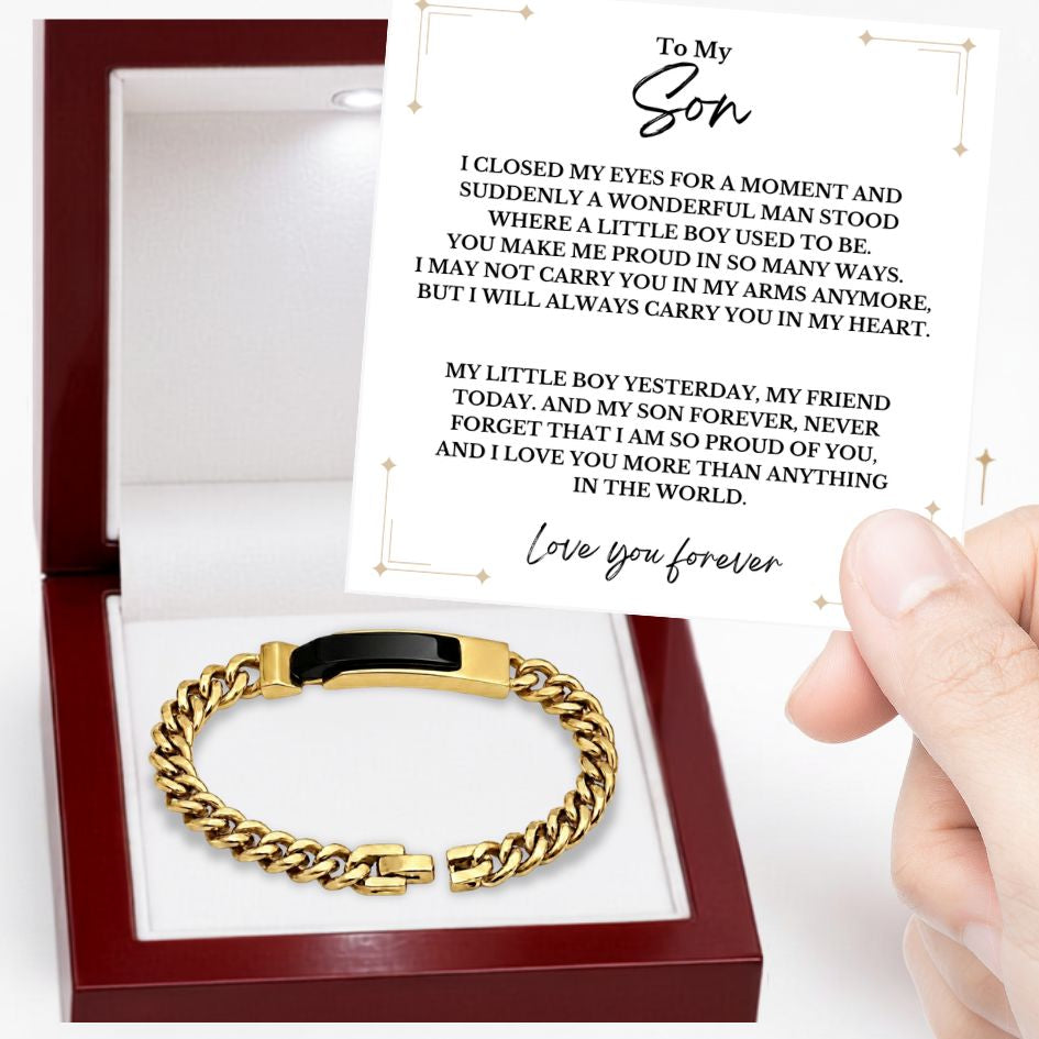 To My Son - You Make Me Proud - Obsidian-Black Curb-Chain Bracelet Steel or IP Gold