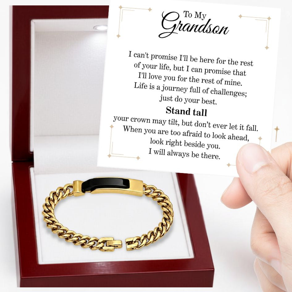 To My Grandson - Stand Tall - Obsidian-Black Curb-Chain Bracelet Steel or IP Gold