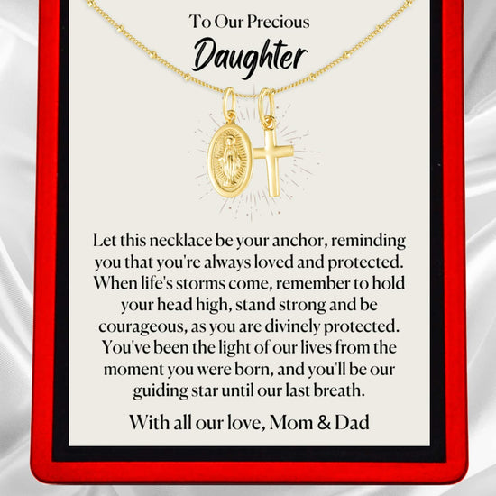 To My Daughter 'divinely protected' Milagro Vermeil Necklace - Virgin Mary and the Cross DT60