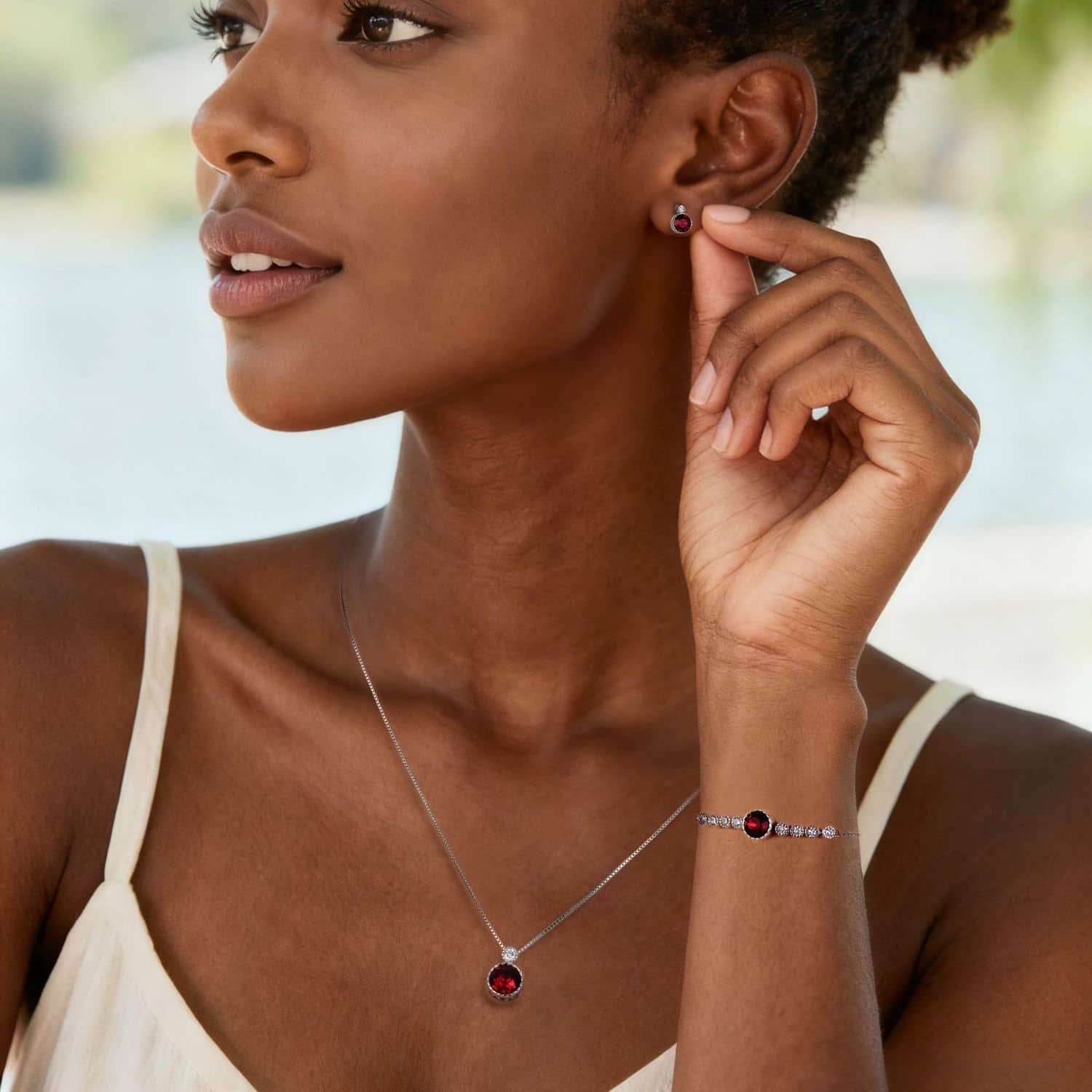 Classic Garnet Red Colour Solitaire Jewellery Set with Austrian Crystals