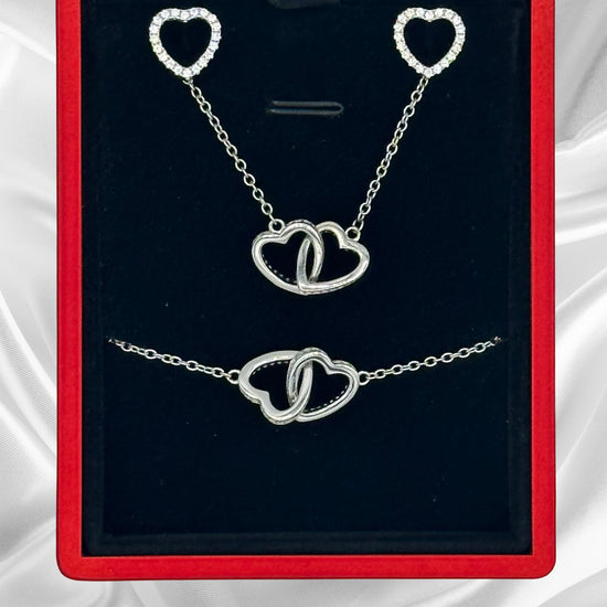 Load image into Gallery viewer, Interlocking Hearts Jewellery Set, Necklace, Earrings &amp;amp; Bracelet- DHSSet
