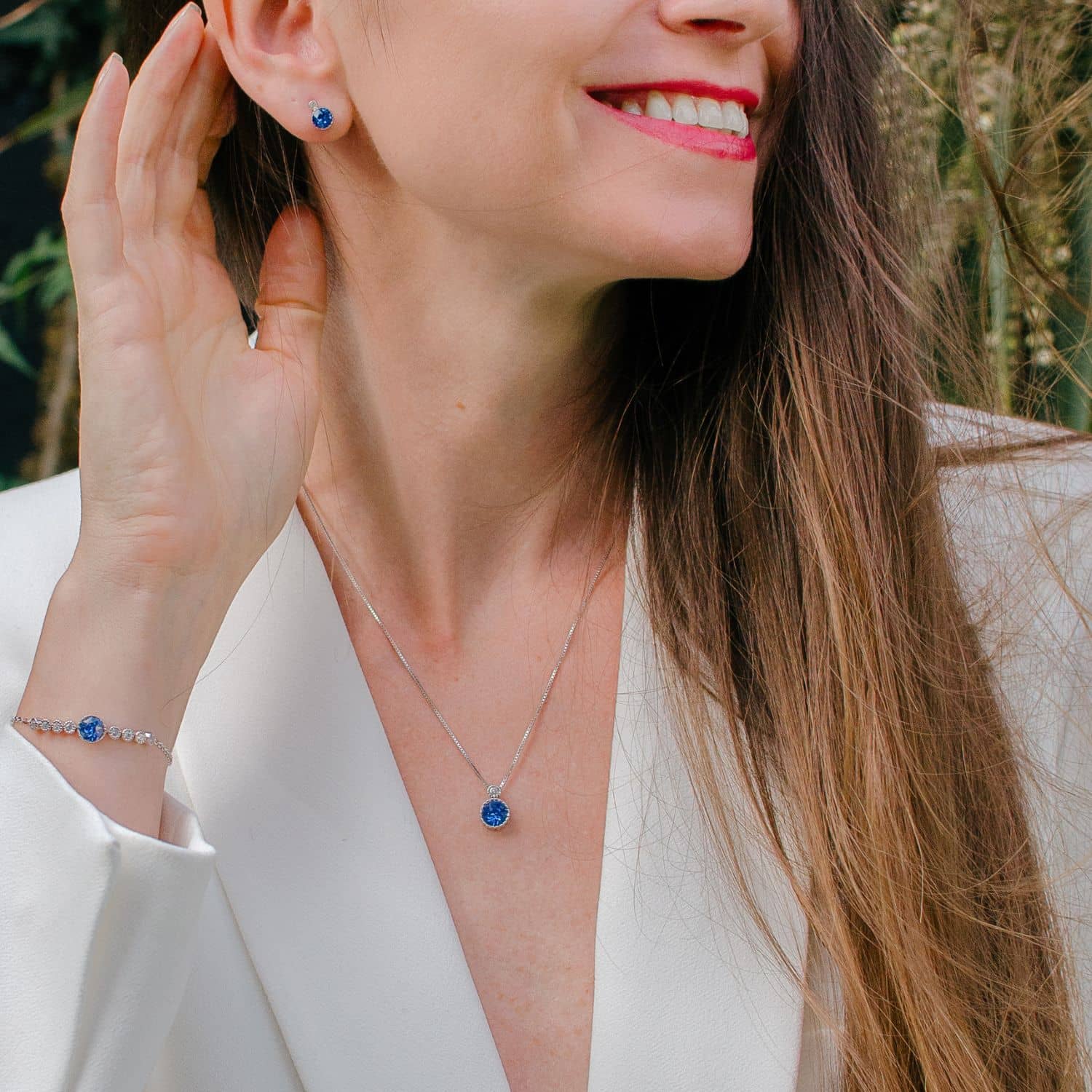 Classic Sapphire Blue Colour Solitaire Jewellery Set with Austrian Crystals