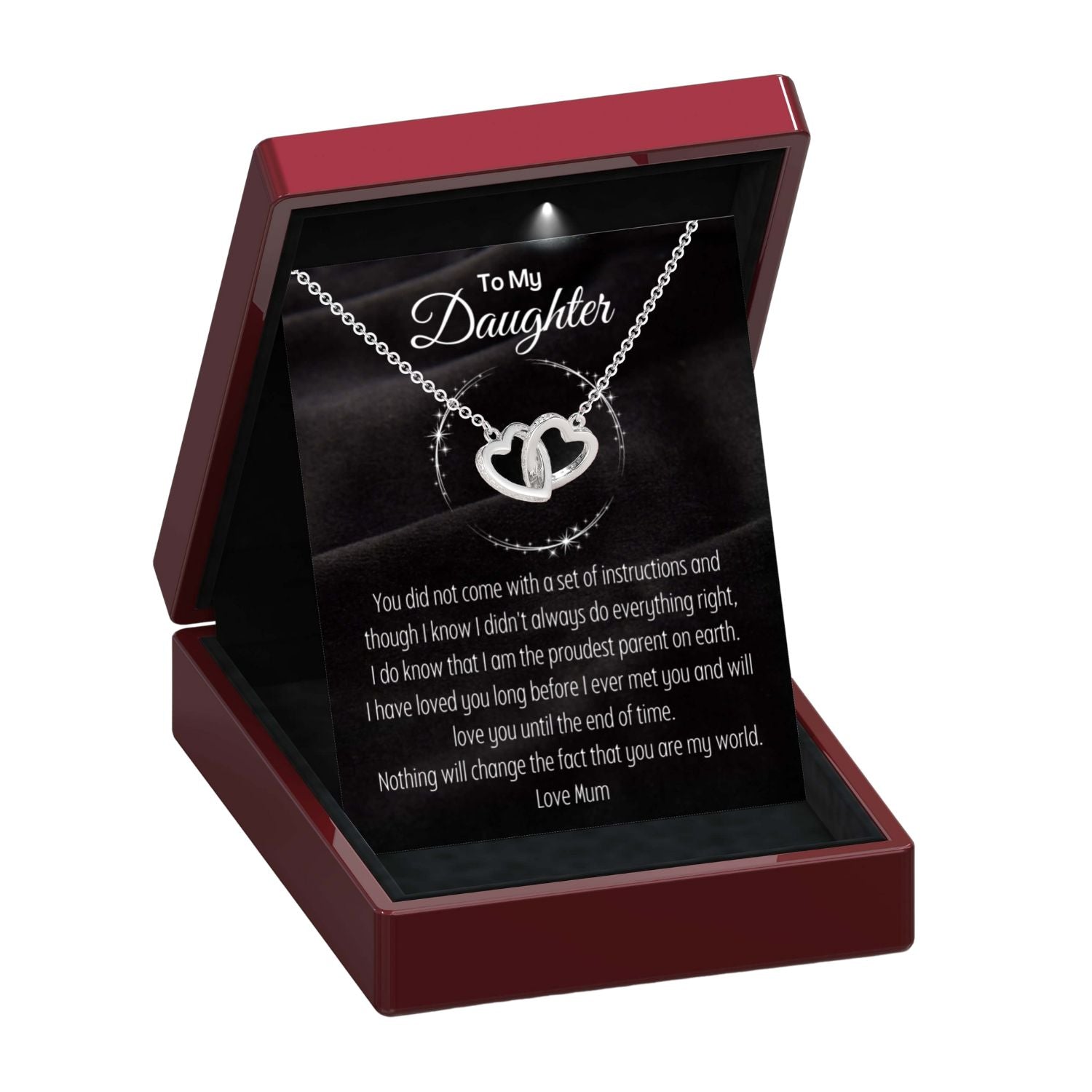 To My Daughter 'You are my World' From Mum or From Dad- Interlocking Silver Hearts Necklace DT46Mum DT46Dad