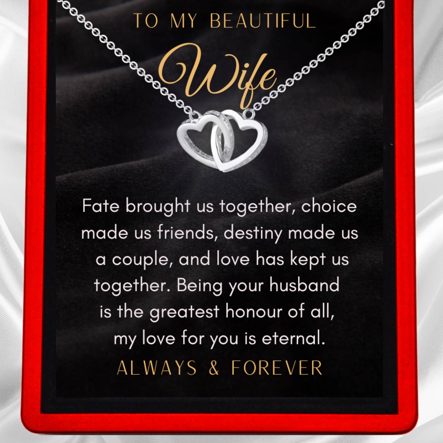 To My Wife 'Love is Eternal' - Interlocking Silver or Gold Vermeil Hearts Necklace WF13