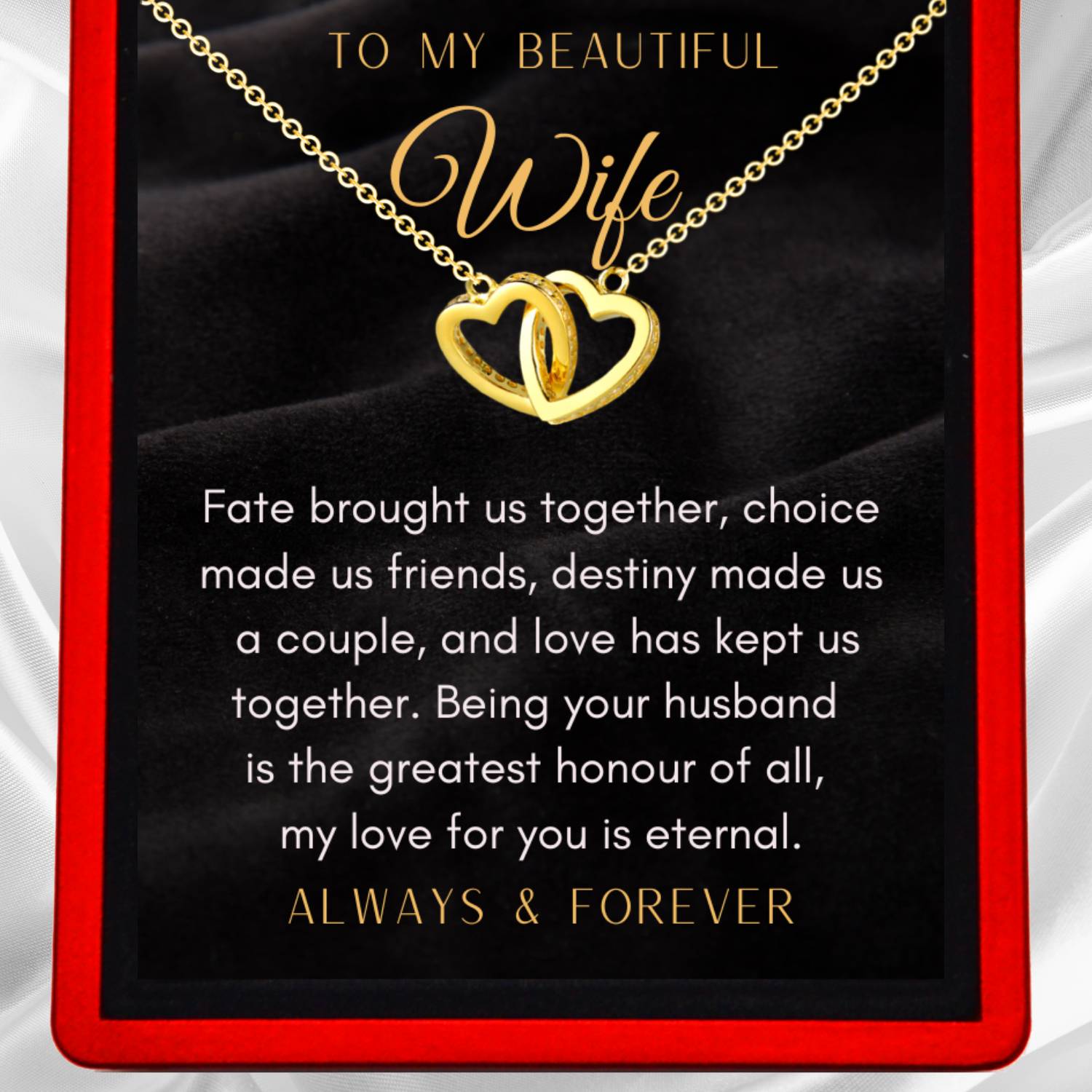 To My Wife 'Love is Eternal' - Interlocking Silver or Gold Vermeil Hearts Necklace WF13