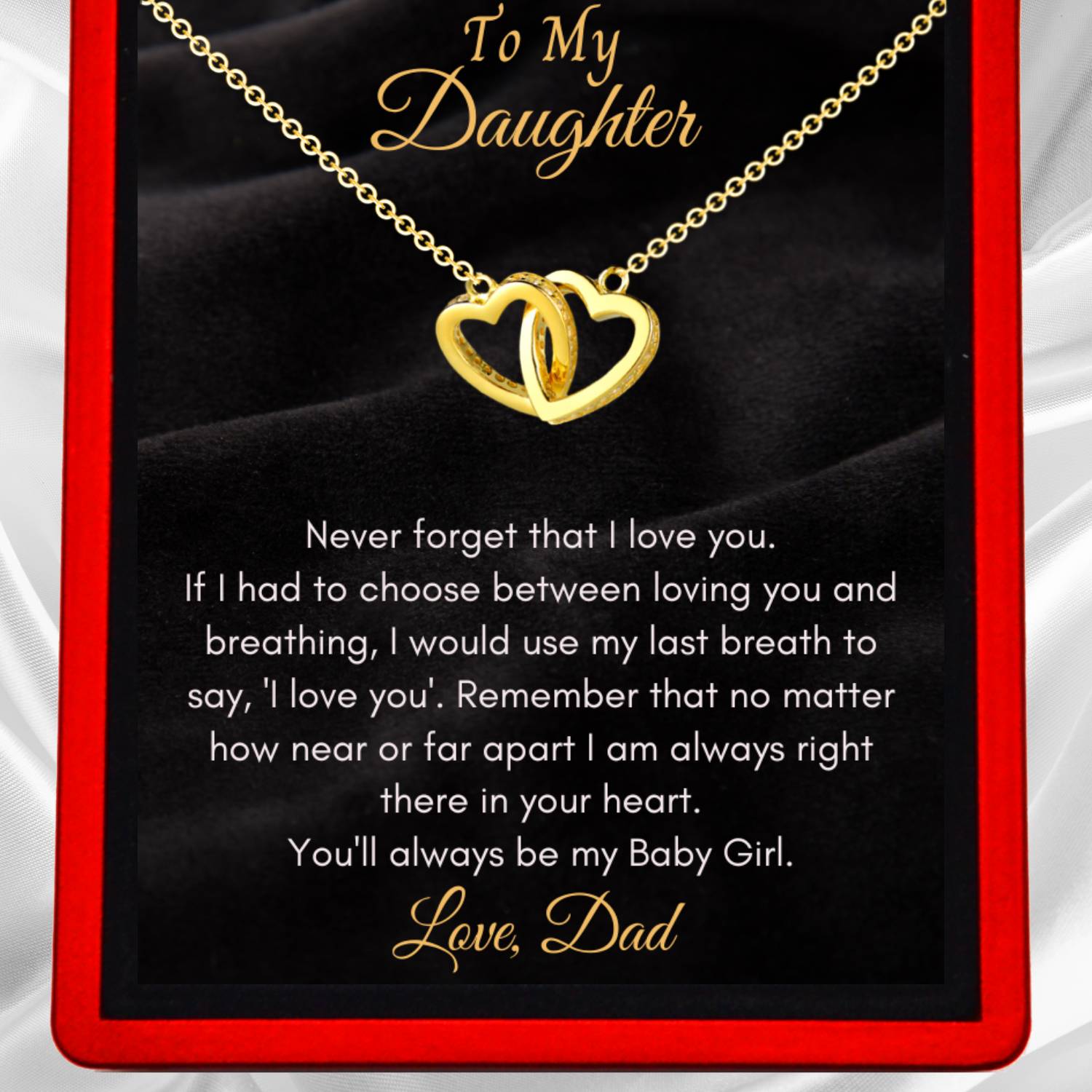 To My Daughter, 'Never Forget' Love Mum or Dad - Interlocking Gold Vermeil Hearts Necklace DT37