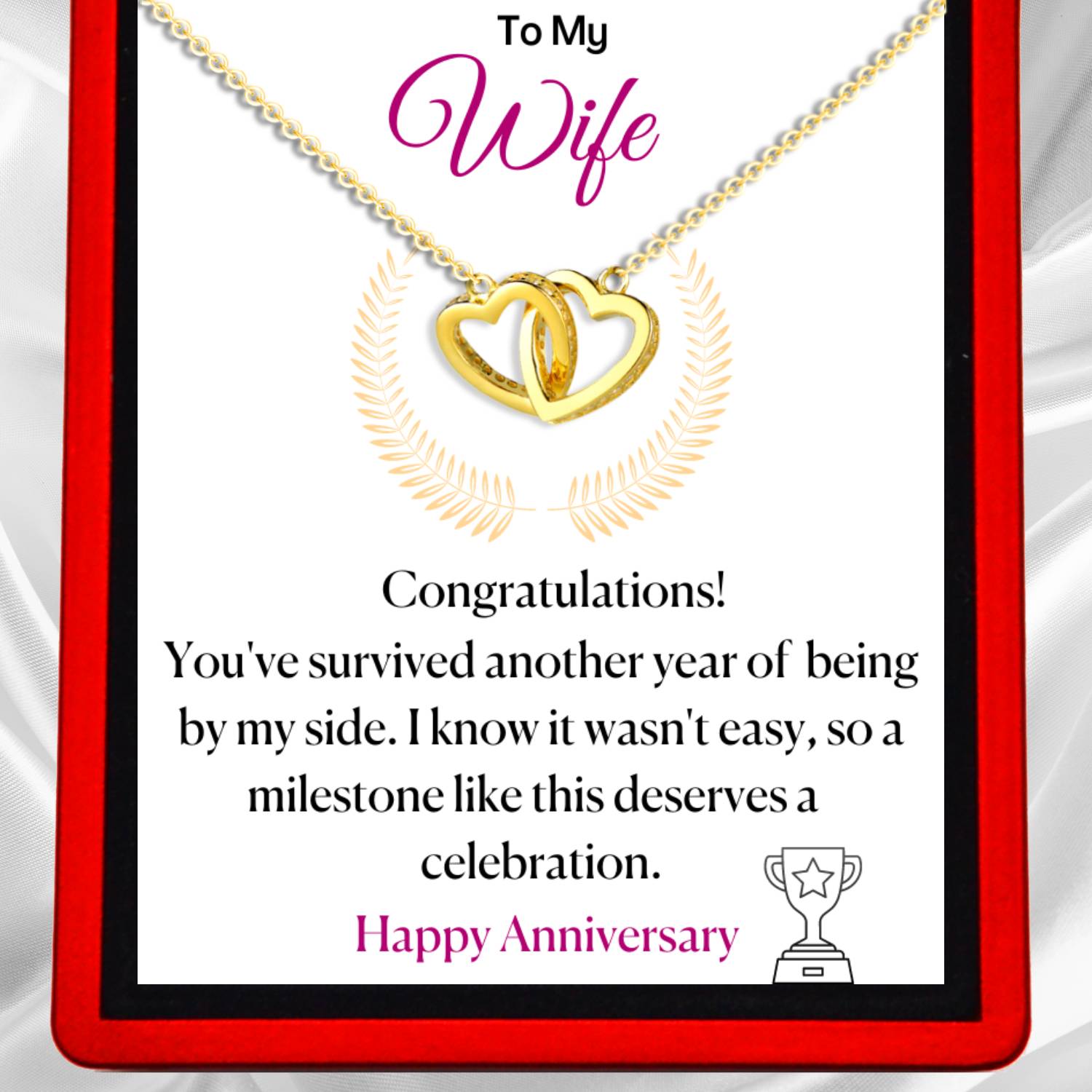 Wife Funny Anniversary - Interlocking Silver or Gold Vermeil Hearts Necklace WF16