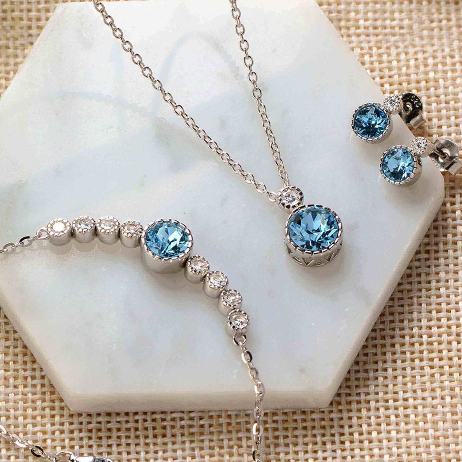 Classic Round Aquamarine Solitaire Jewellery Set with Austrian Crystals